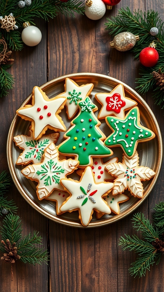 Decorated Christmas sugar cookies in festive shapes on a wooden table with holiday decorations.